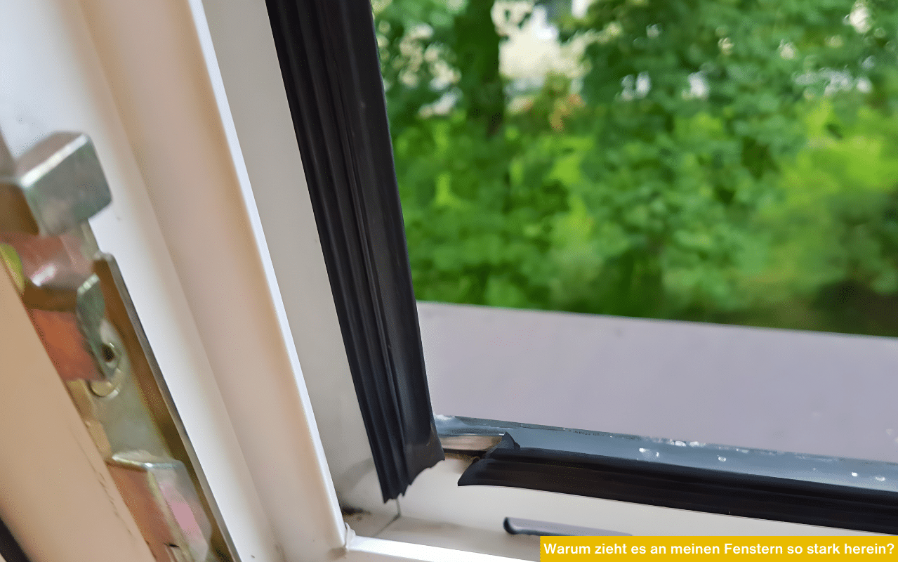 Detailaufnahme einer beschädigten, schwarzen Gummidichtung an einem weißen Kunststofffenster; zeigt einen Riss im Eckbereich.