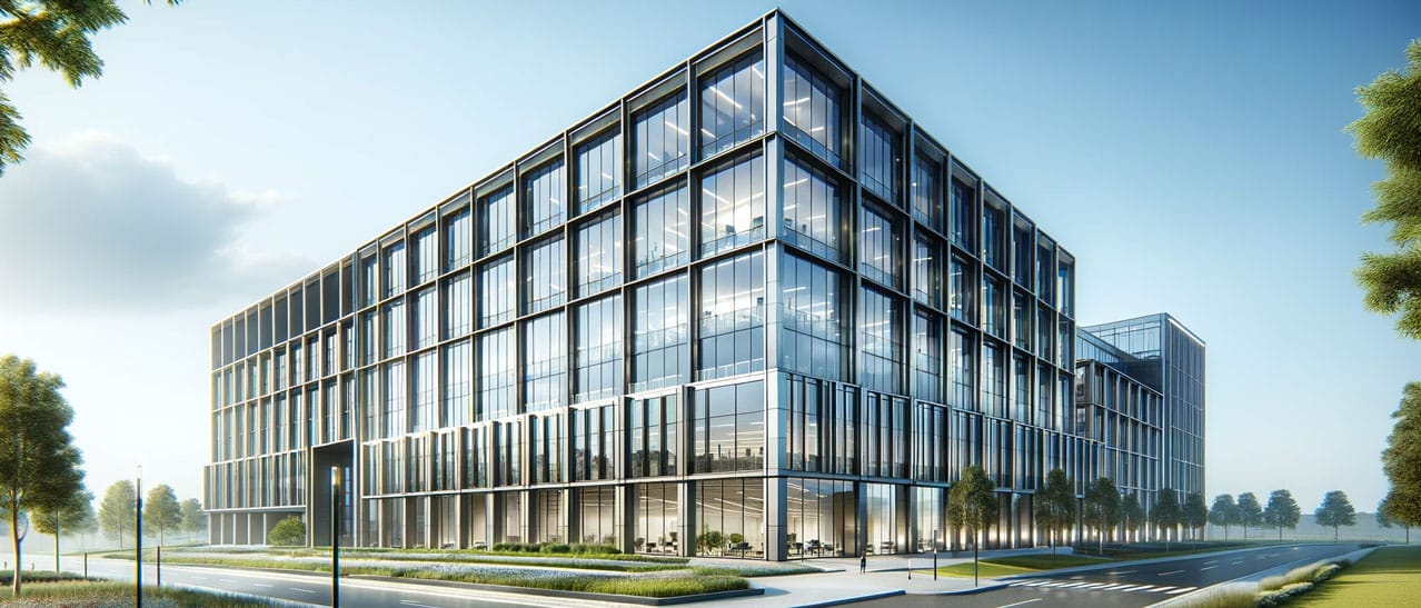 Moderner Firmenkomplex mit Fensterbändern aus Aluminium und Holz-Alu für Langlebigkeit, Wartungsarmut und große Farbvielfalt.