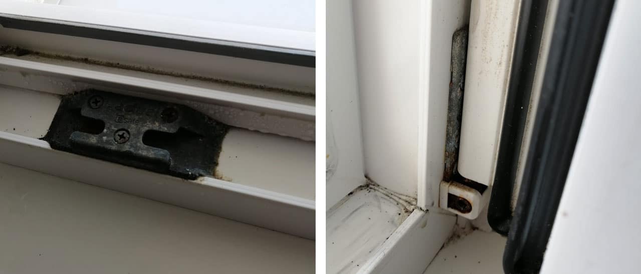 Kondensat und zu feuchte Räume können Fensterbeschläge beeinträchtigen und Rost an alten Kunststofffenstern verursachen.