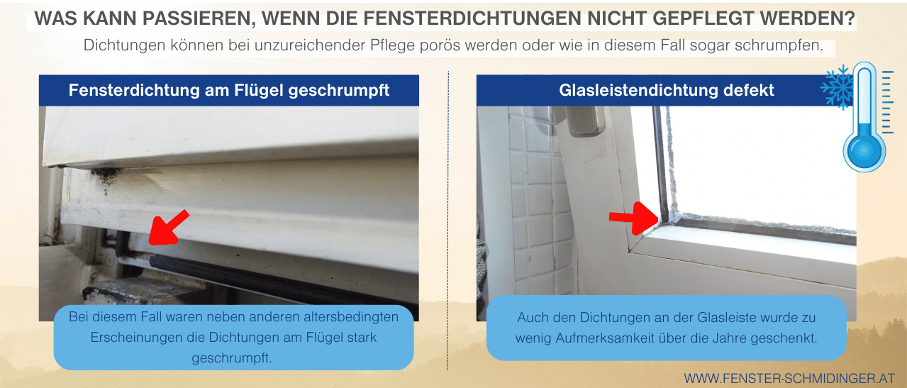 Fensterdichtungen defekt - poröse oder geschrumpfte Dichtungen am Kunststofffenster, die man erneuern sollte.