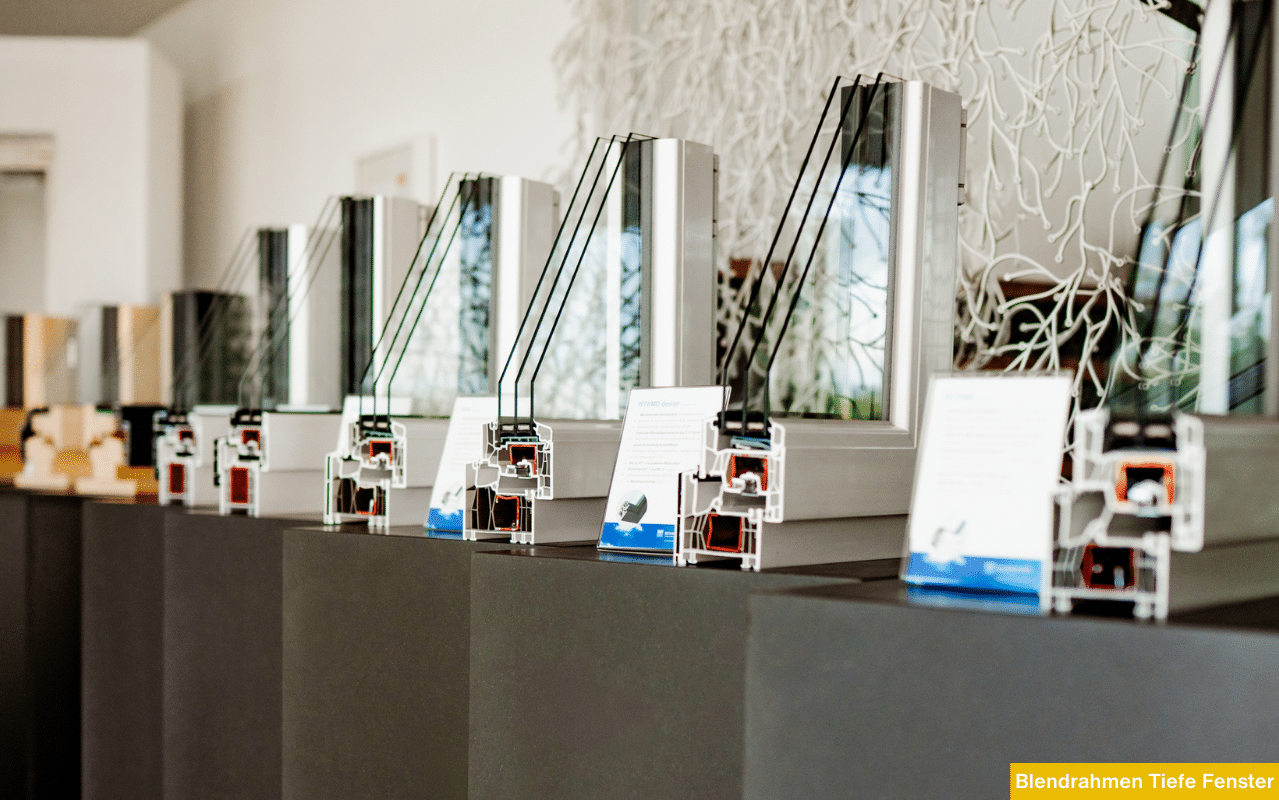 Präsentation von Fensterrahmen-Profilen mit Fokus auf Blendrahmen-Bautiefe und isolierende Mehrkammersysteme.