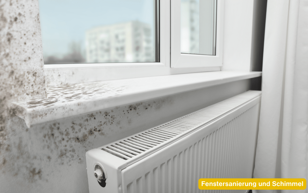 Fenstersanierung und Schimmel zeigt sich durch dunkle Flecken an Wand und Fensterbank neben einem neuen dichten Fenster.