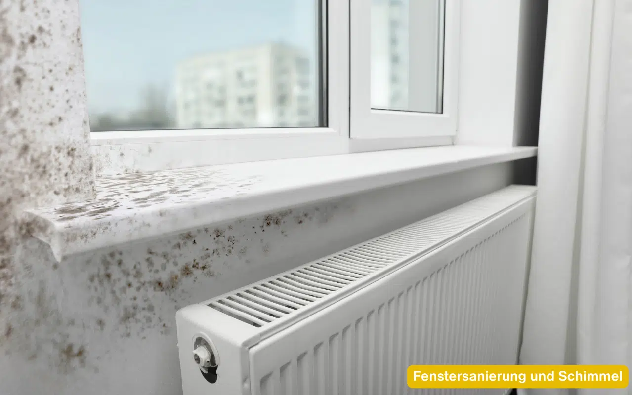 Fenstersanierung und Schimmel zeigt sich durch dunkle Flecken an Wand und Fensterbank neben einem neuen dichten Fenster.