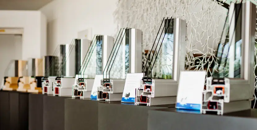 Präsentation verschiedener Fensterprofile im Querschnitt, von Kunststoff bis Holz-Aluminium, in einem modernen Schauraum.