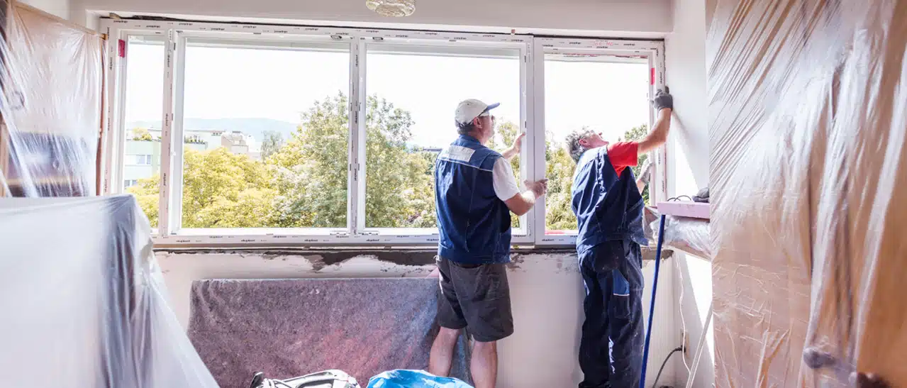 Monteure der Firma Schmidinger beim Fenstertausch auf der Baustelle in bewohnter Wohnung. Tipps zur Möbelabdeckung bei bewohnten Wohnungen. Profitieren Sie von unseren Fenstertausch-Erfahrungen.