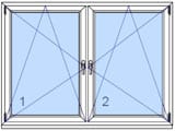 Skizze einer Fensterlösung mit doppelflügeligem Dreh-Kipp-Fenster mit Kämpfer, links und rechts drehbar aus weißem Kunststoff.