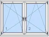 Skizze einer Fensterlösung mit doppelflügeligem Dreh-Kipp-Fenster mit Kämpfer, links und rechts drehbar aus weißem Kunststoff.