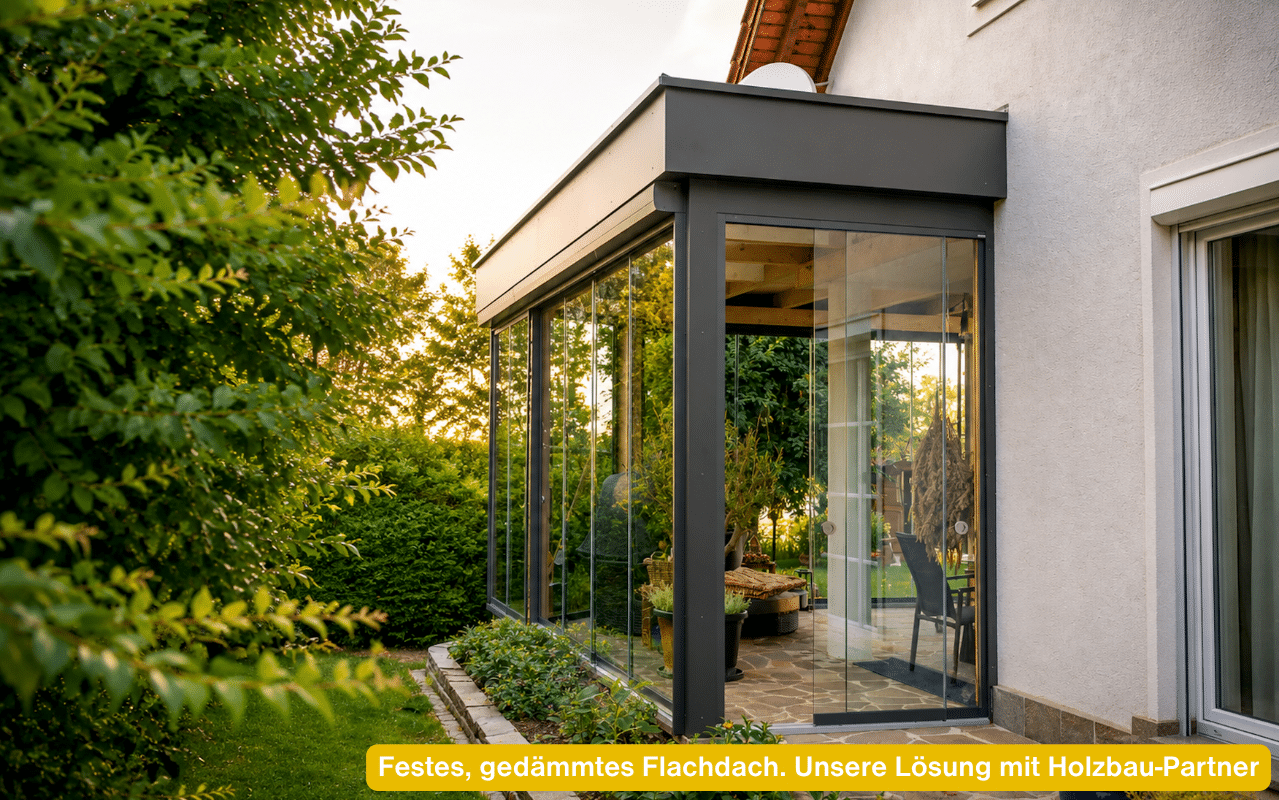 Festes, gedämmtes Flachdach. Unsere Lösung mit Holzbau-Partner - Wintergarten mit Ganzglas-Schiebewand