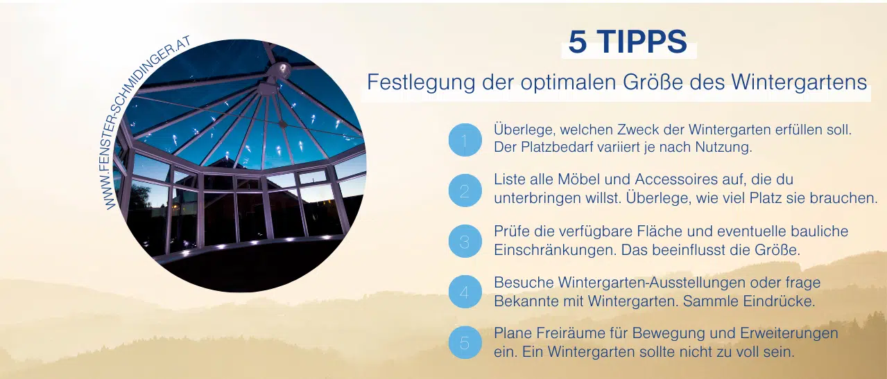 Planung für Wintergarten & Sommergarten - Optimale Wintergartengröße: Zweck überlegen, Möbel/Accessoires listen, Fläche prüfen, Ausstellungen besuchen, Bewegungsfreiraum planen.