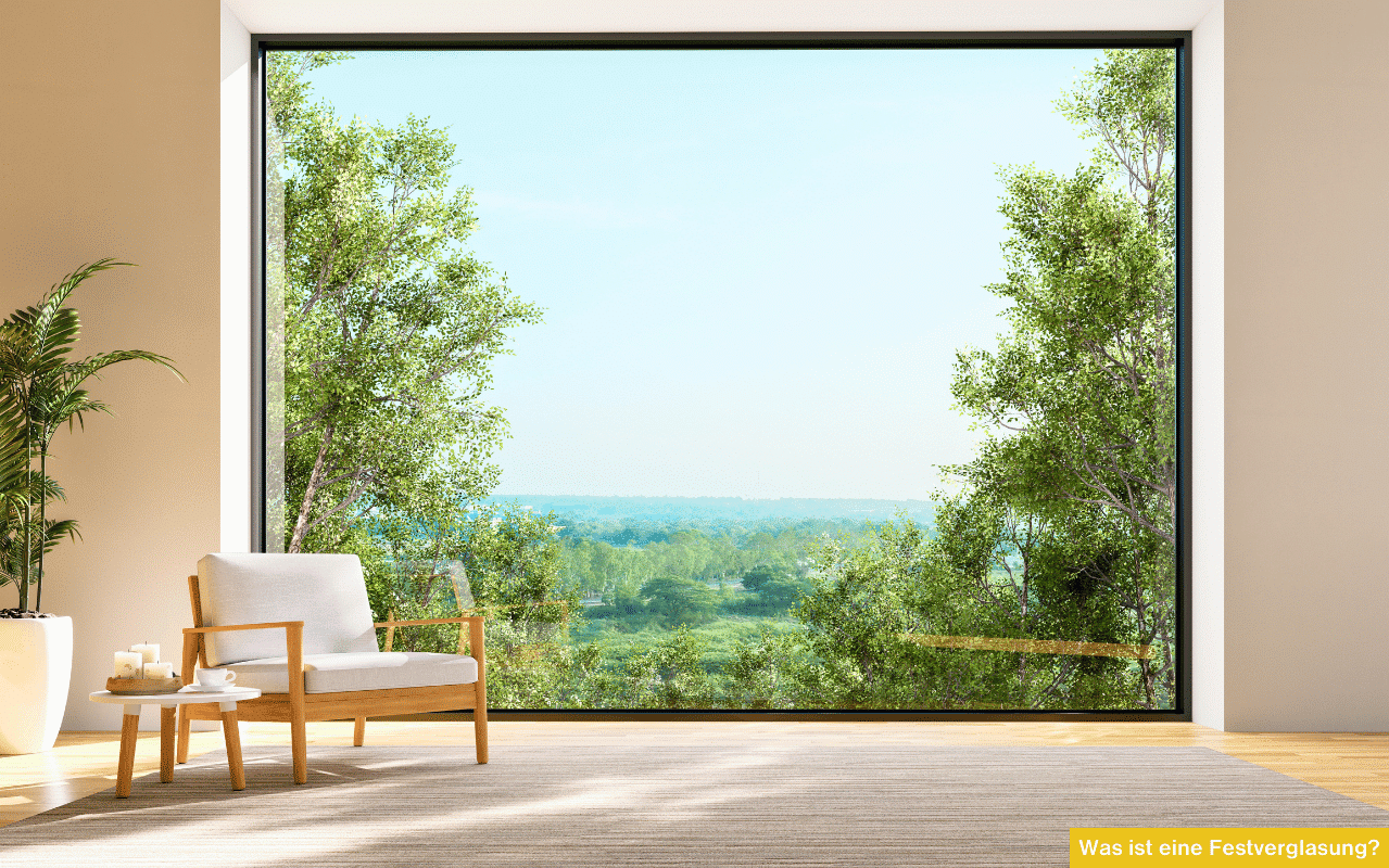 Großflächige Festverglasung in modernem Wohnzimmer mit Panoramablick auf grüne Bäume und Parklandschaft.