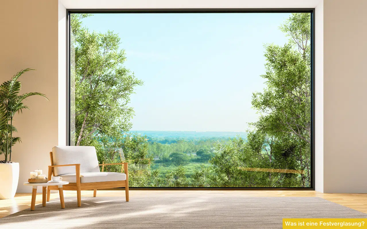 Großflächige Festverglasung in modernem Wohnzimmer mit Panoramablick auf grüne Bäume und Parklandschaft.