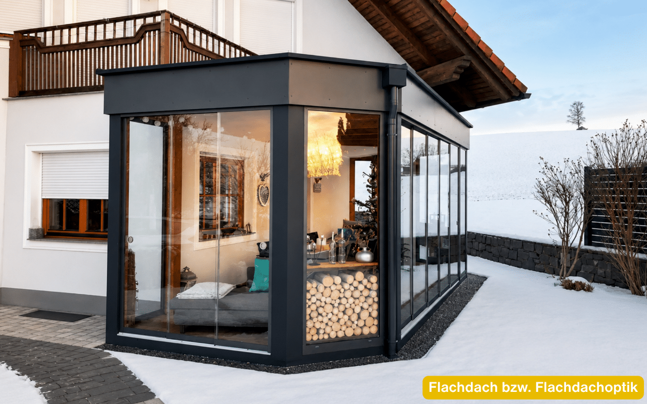 Flachdach bzw. Flachdachoptik beim Wintergarten mit umlaufender Blende und Ganzglas-Schiebeelementen