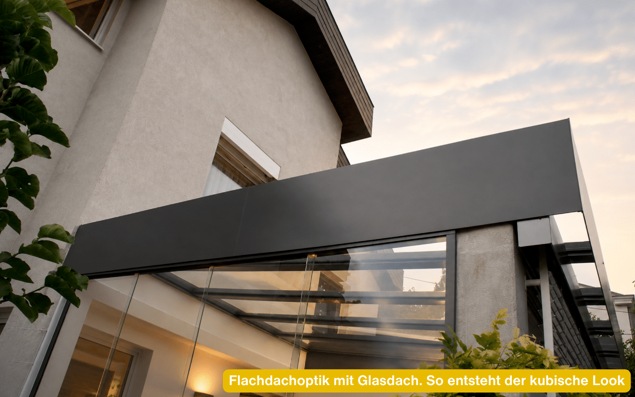 Flachdachoptik mit Glasdach. So entsteht der kubische Look - umlaufende Blende beim Wintergarten