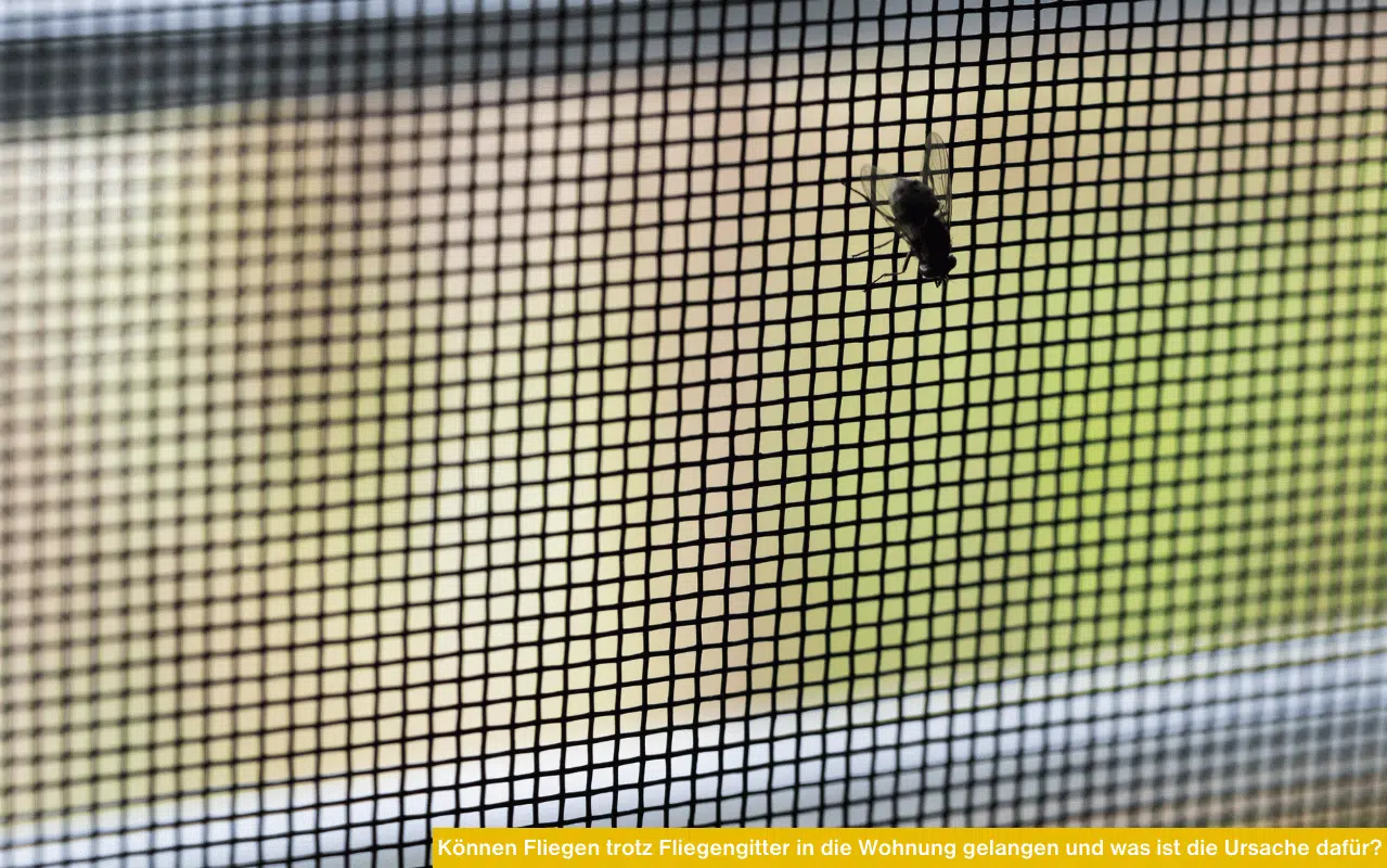 Nahaufnahme eines Fliegengitters mit einer Fliege auf dem Gewebe vor unscharfem grünem Hintergrund.