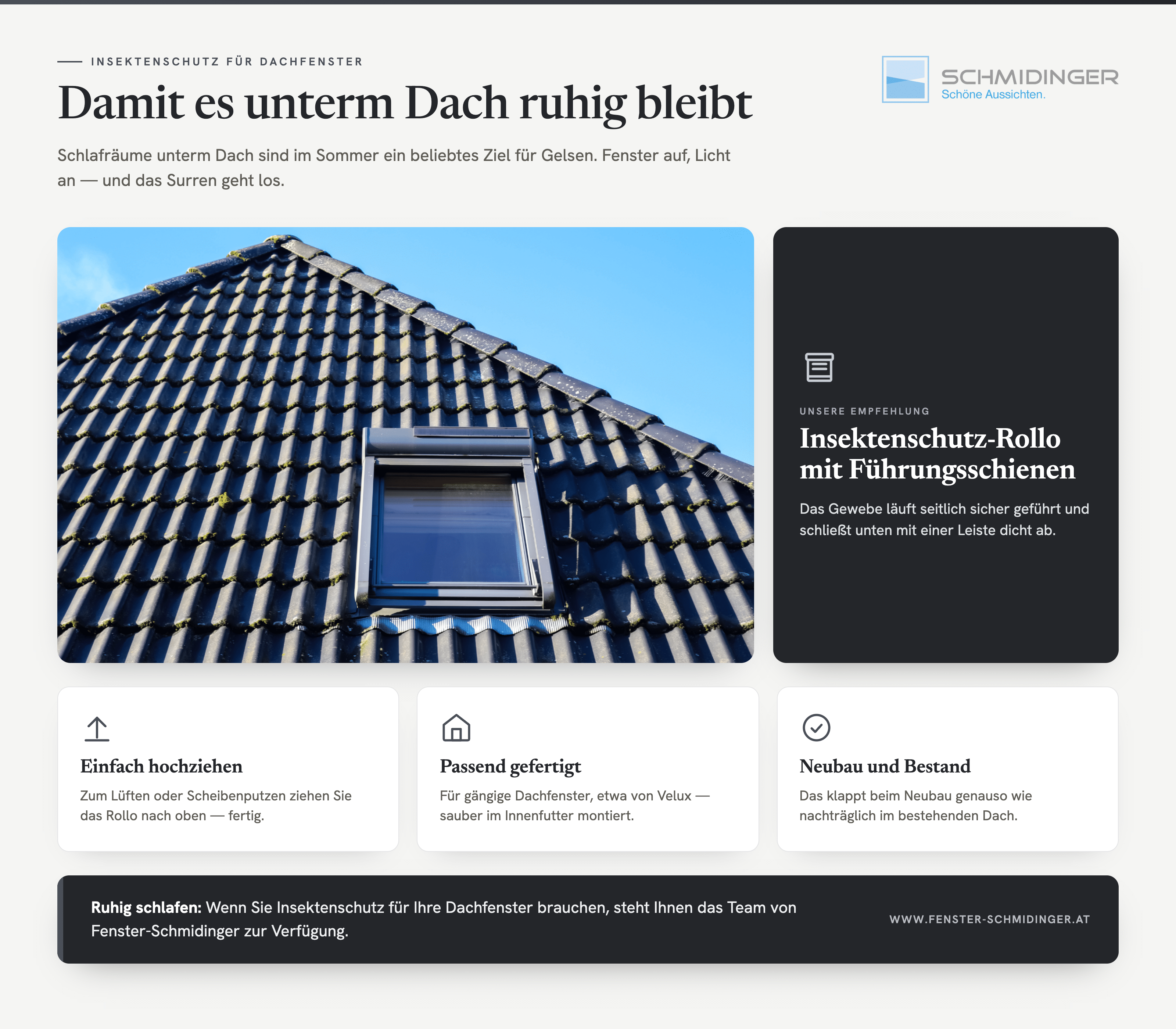 Fliegengitter für Dachfenster, damit es unterm Dach ruhig bleibt Infografik zum Insektenschutz-Rollo.