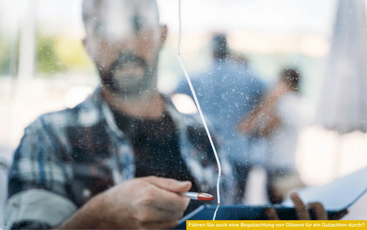 Fachmann prüft eine Fensterscheibe und dokumentiert einen Glasschaden für ein Sachverständigengutachten