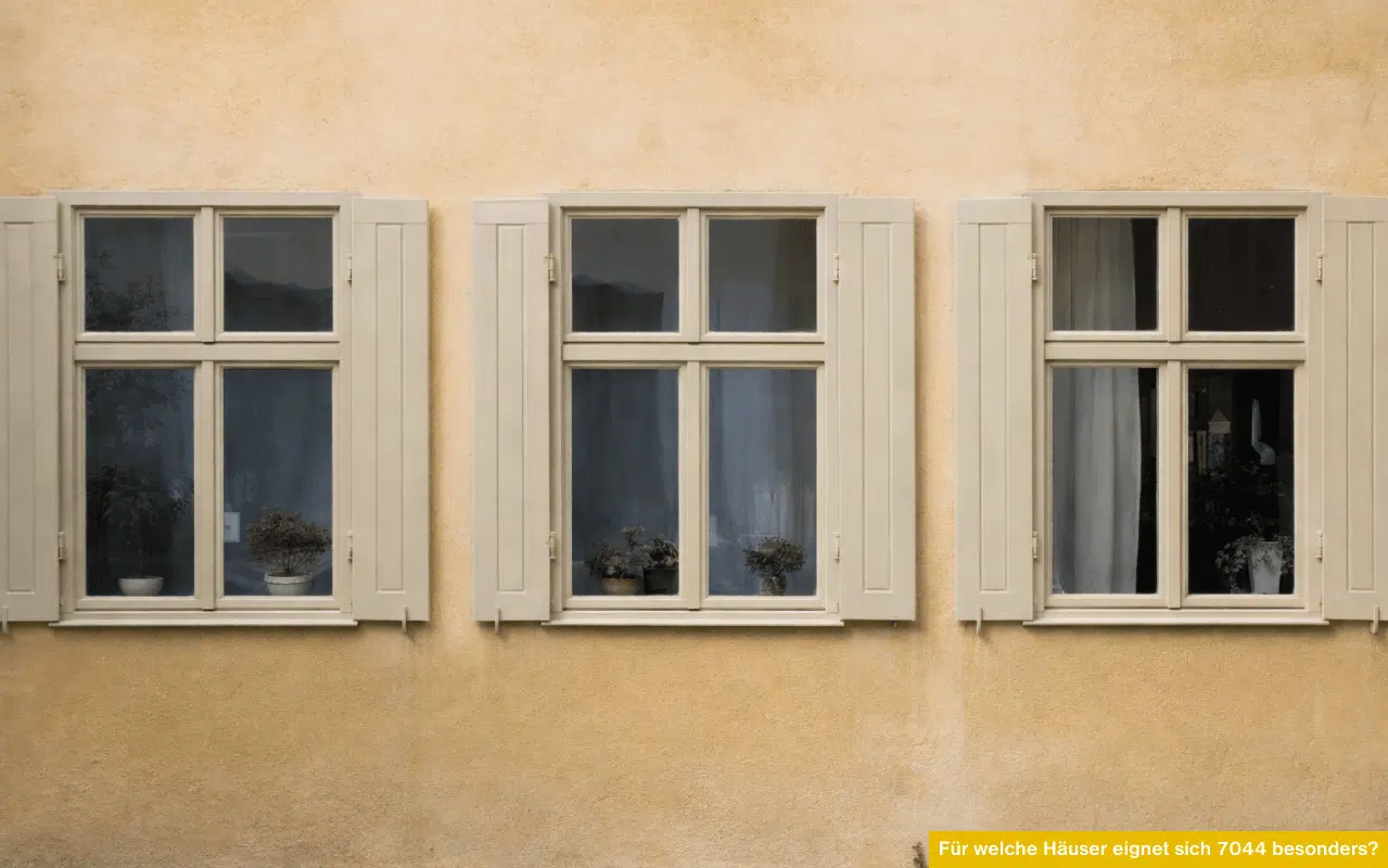 Für welche Häuser eignet sich 7044 besonders zeigt ruhige Fensterfarbe Seidengrau mit sanfter Wirkung auf cremefarbener Hausfassade.