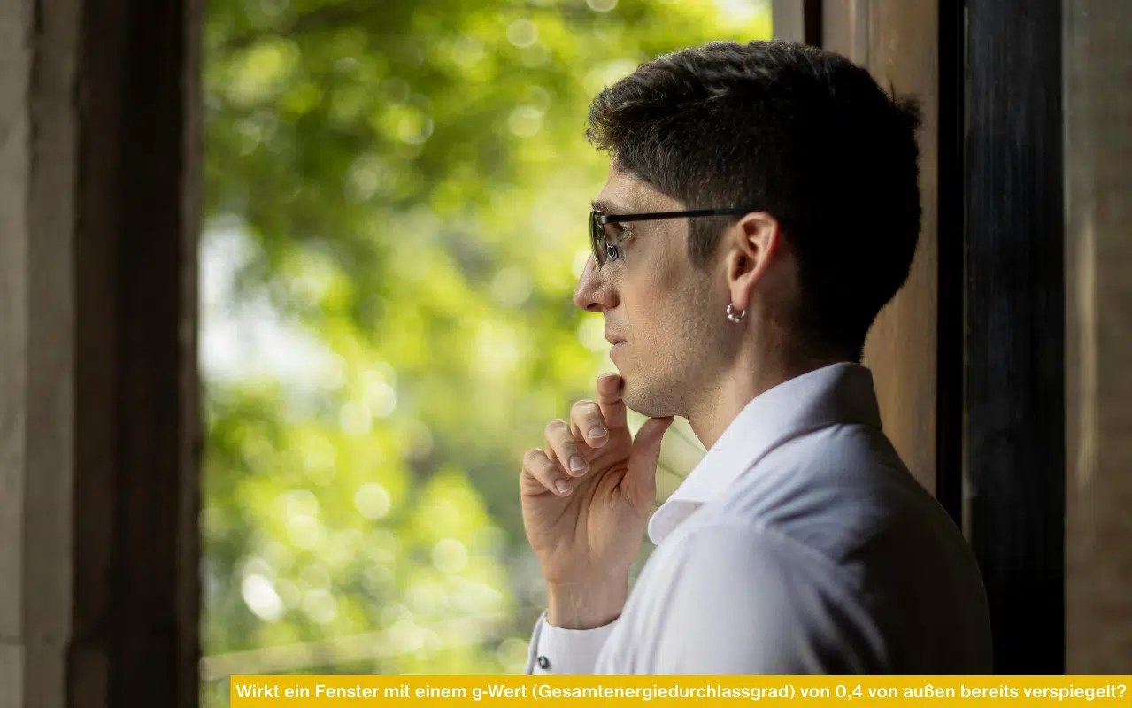 Profilansicht eines Mannes mit Sonnenbrille, der nachdenklich ins Grüne blickt - Metapher für Sonnenschutzverglasung.