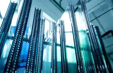 Mehrfachverglaste Fenster Gasfüllung in der Produktion, kurz vor dem Einglasen in neue Kunststoffrahmen