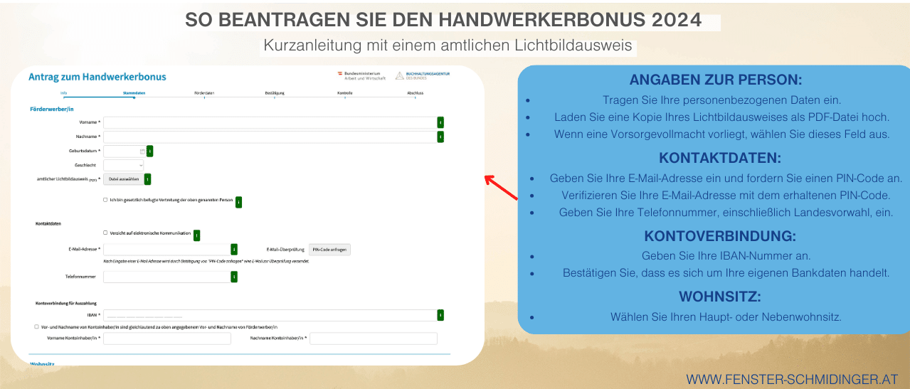 Geben Sie Ihre Daten ein, um den Handwerkerbonus zu beantragen: Name, E-Mail, Telefonnummer, Adresse, IBAN und Wohnsitz.