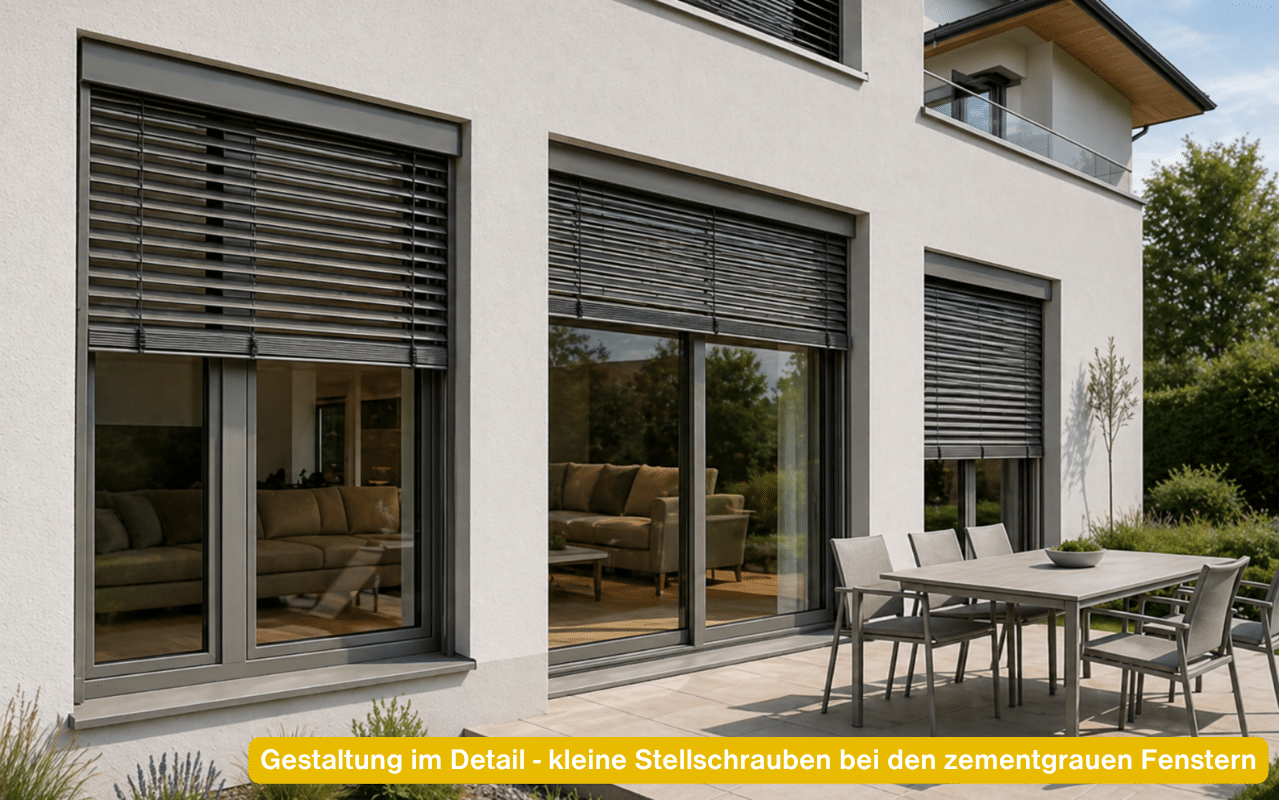 Gestaltung im Detail kleine Stellschrauben bei den zementgrauen Fenstern an modernem Wohnhaus mit Terrasse und Raffstores.