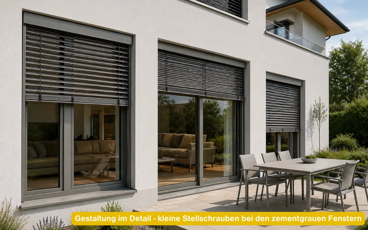 Gestaltung im Detail kleine Stellschrauben bei den zementgrauen Fenstern an modernem Wohnhaus mit Terrasse und Raffstores.