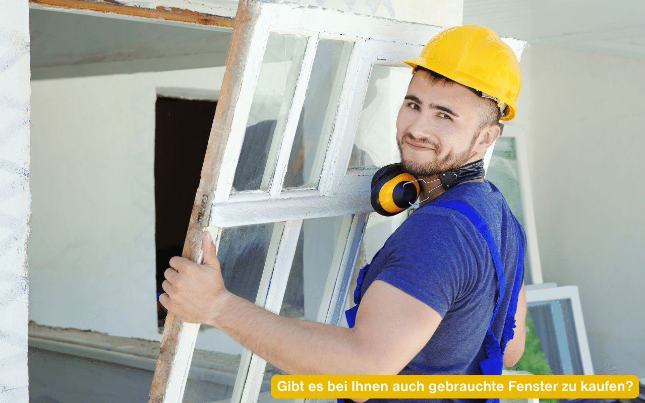 Gibt es bei Ihnen auch gebrauchte Fenster zu kaufen? Monteur trägt ein altes Fenster bei einer Sanierung aus dem Gebäude