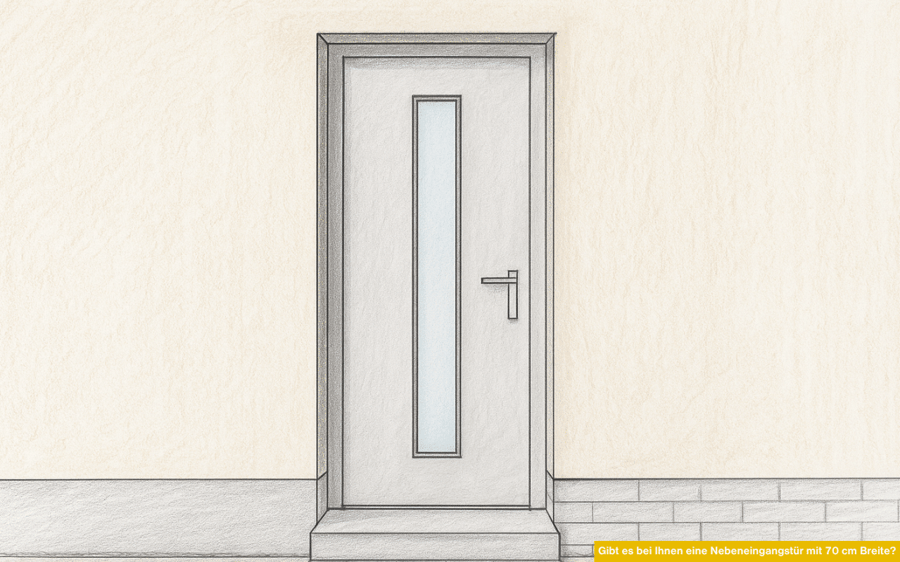 Schmale Haustür mit schmalem Senkrechtglas in heller Fassade, eine Stufe davor, moderner Drücker rechts.