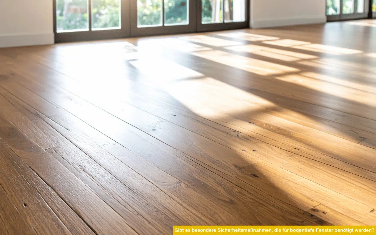 Gibt es besondere Sicherheitsmaßnahmen die für bodentiefe Fenster benötigt werden zeigt sonnendurchfluteten Raum mit Holzboden und Glasfront