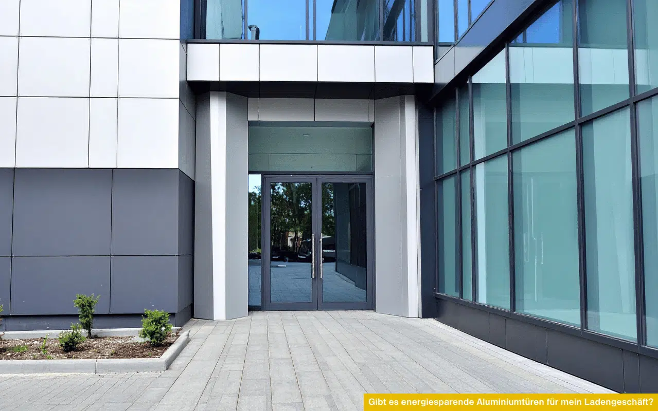 Gibt es energiesparende Aluminiumtüren für mein Ladengeschäft moderner Eingang mit Glastüren und Aluminiumrahmen in Geschäftshaus
