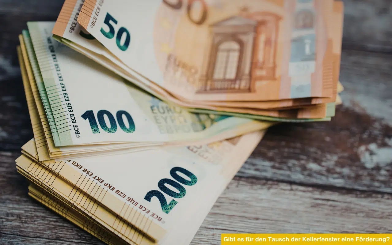 Gibt es für den Tausch der Kellerfenster eine Förderung? Euro-Banknoten als Symbol für finanzielle Unterstützung bei Sanierung.