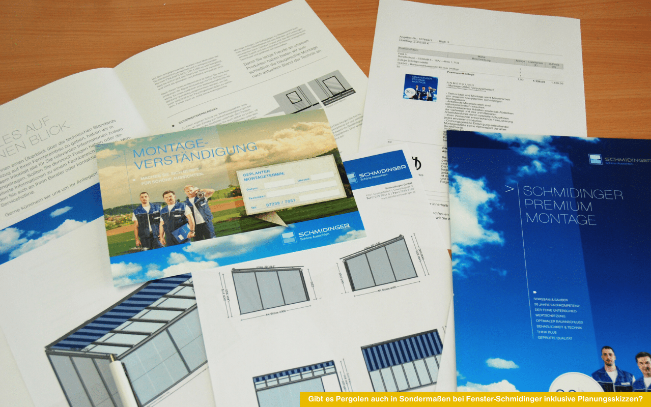 Gibt es Pergolen auch in Sondermaßen bei Fenster-Schmidinger inklusive Planungsskizzen und Montageinformationen für individuelle Maße.
