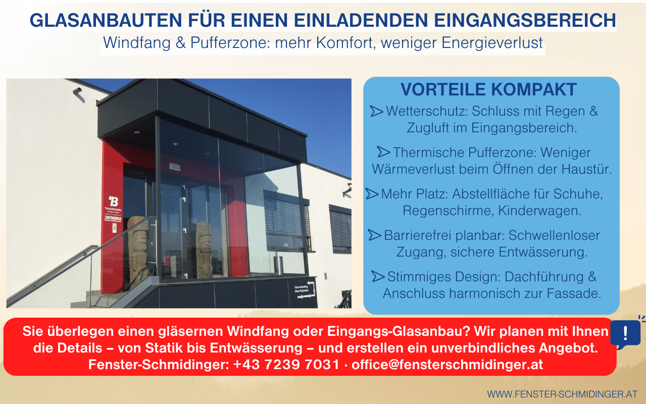 Moderner Glasanbau im Eingangsbereich eines Gebäudes mit Glaswänden und Dach. Der Windfang schützt vor Wetter, lässt viel Licht herein und bildet eine klare, einladende Eingangssituation.