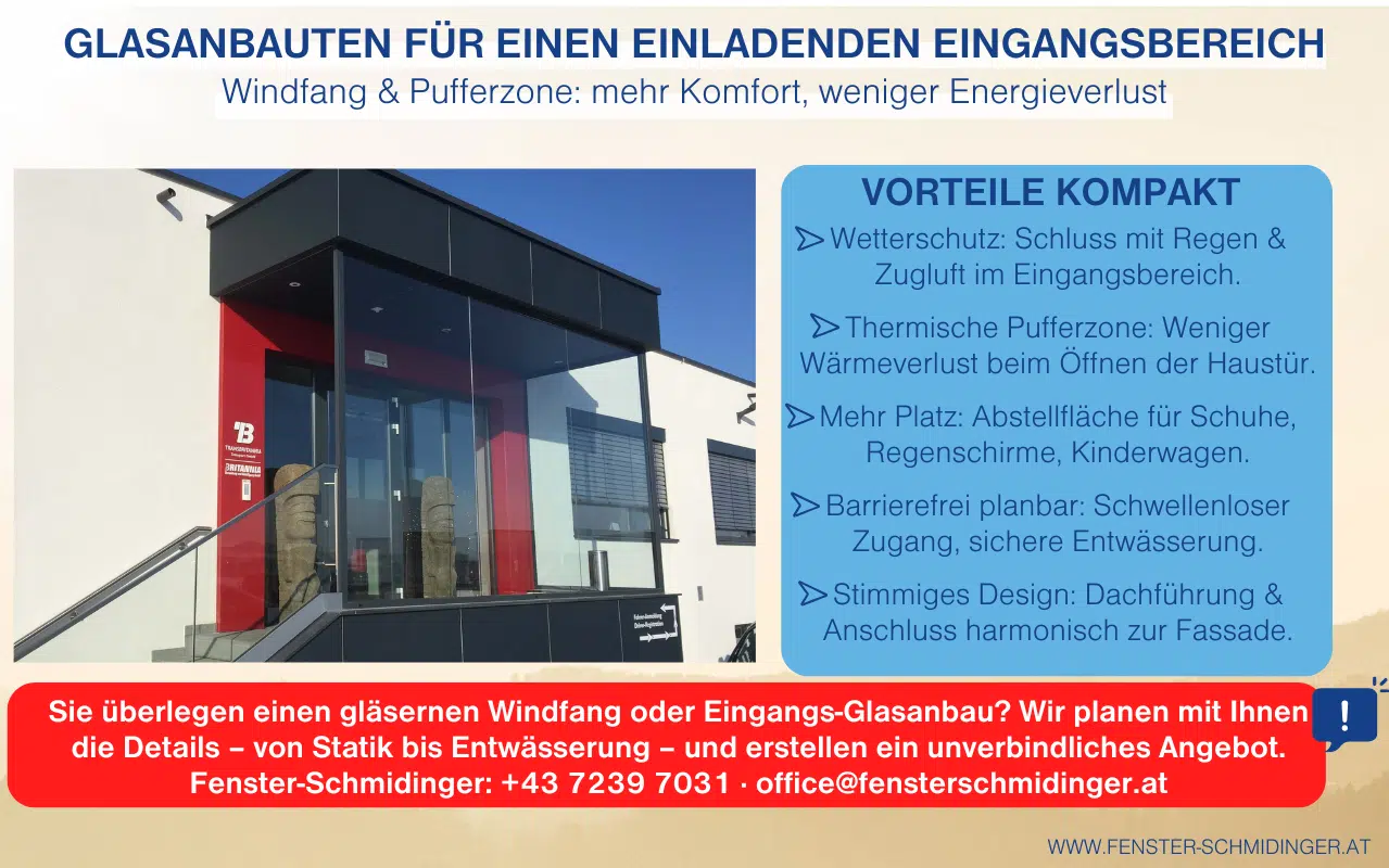 Moderner Glasanbau im Eingangsbereich eines Gebäudes mit Glaswänden und Dach. Der Windfang schützt vor Wetter, lässt viel Licht herein und bildet eine klare, einladende Eingangssituation.