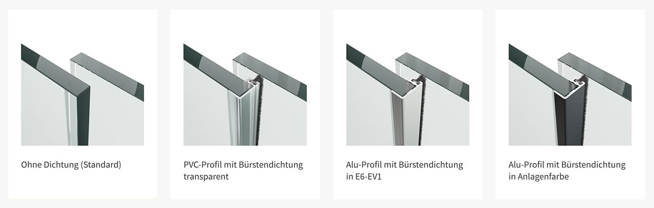 Vier Spaltdichtungsvarianten für Sunflex Glasschiebetüren - ohne Dichtung, PVC-Profil mit Bürstendichtung transparent sowie Alu-Profil mit Bürstendichtung in EV1 und Anlagenfarbe