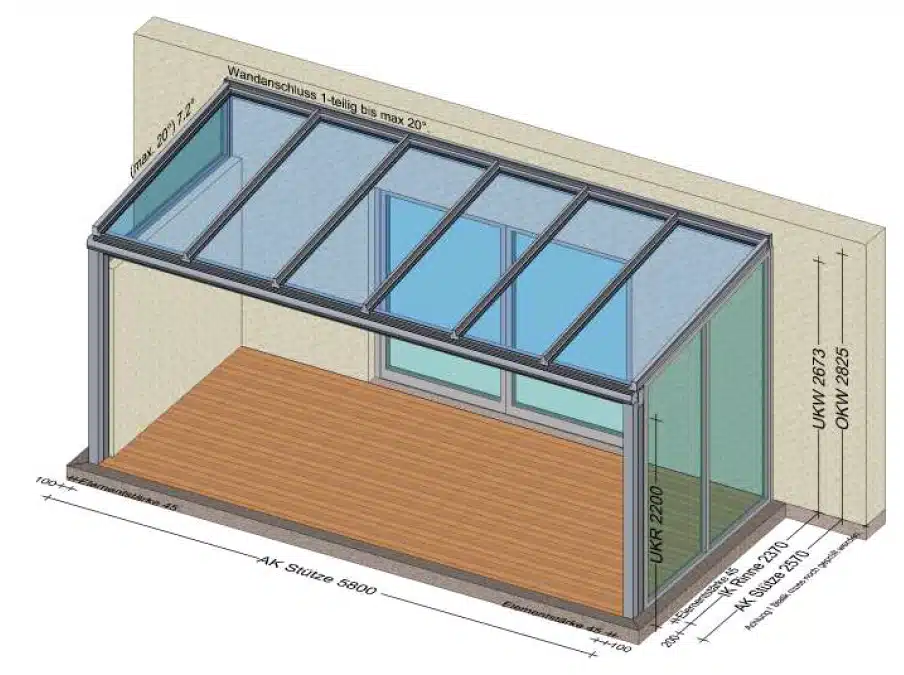 Glasüberdachung mit einer Seitenwand Festfeld