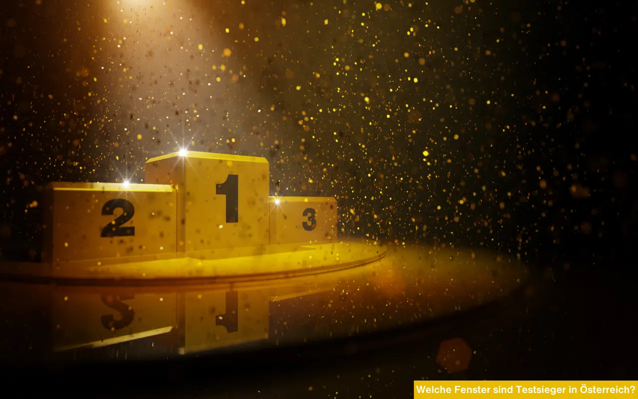 Goldenes Siegertreppchen mit Konfetti. Welche Fenster sind Testsieger in Österreich? Unabhängige Qualitätsprüfung.