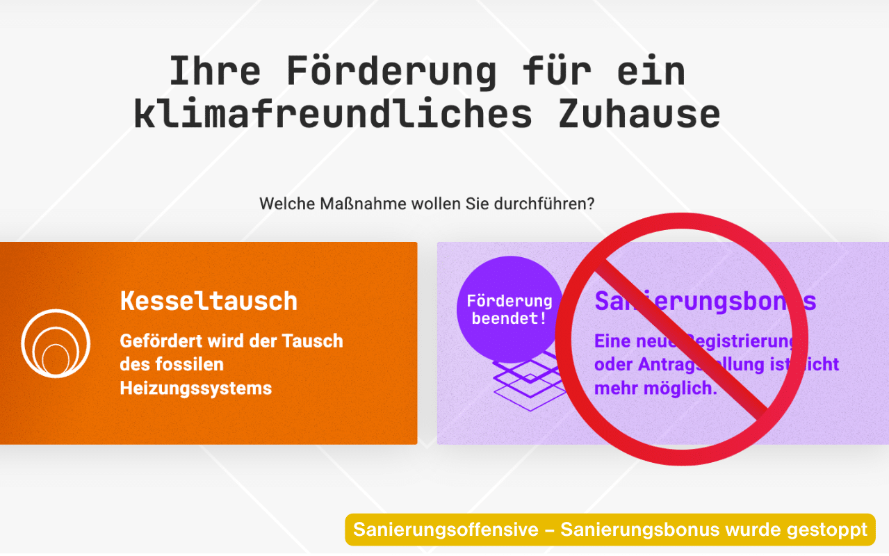 Grafik Sanierungsoffensive. Sanierungsbonus 2026. Status, Hintergründe und realistischer Ausblick zum Förderstopp.