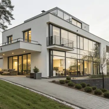 Ein stilvolles Wohnhaus mit Fenstern in RAL 7010 Zeltgrau und raumhohen Glasflächen. Die moderne Farbgebung schafft eine harmonische Verbindung zwischen Architektur, Licht und Umgebung und wirkt gleichzeitig hochwertig und dezent.