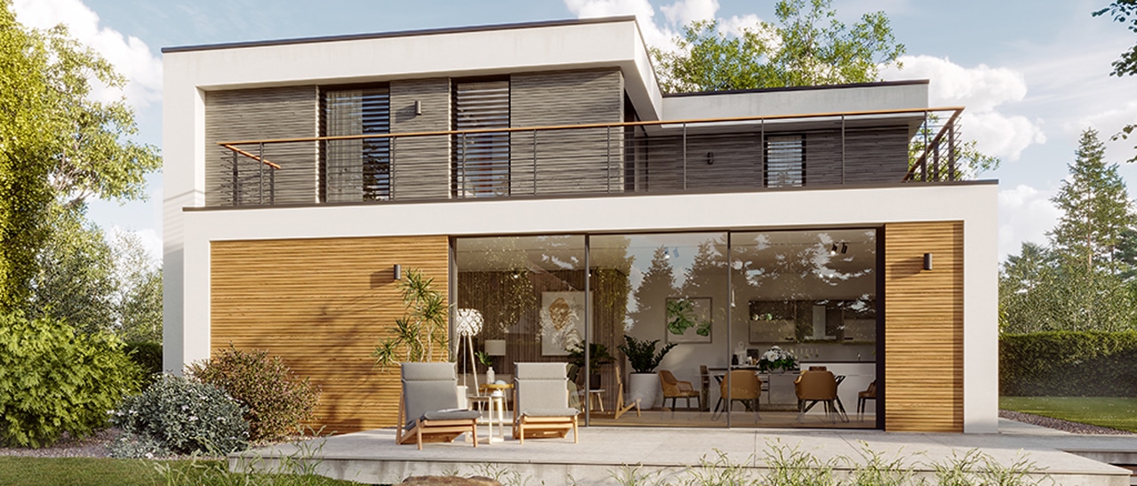 "Neubau mit Sunflex Schiebefenster SF 60/SF 80 in Aluminium, flexibel bis 3-spurig, für hohe Wärmedämmung.