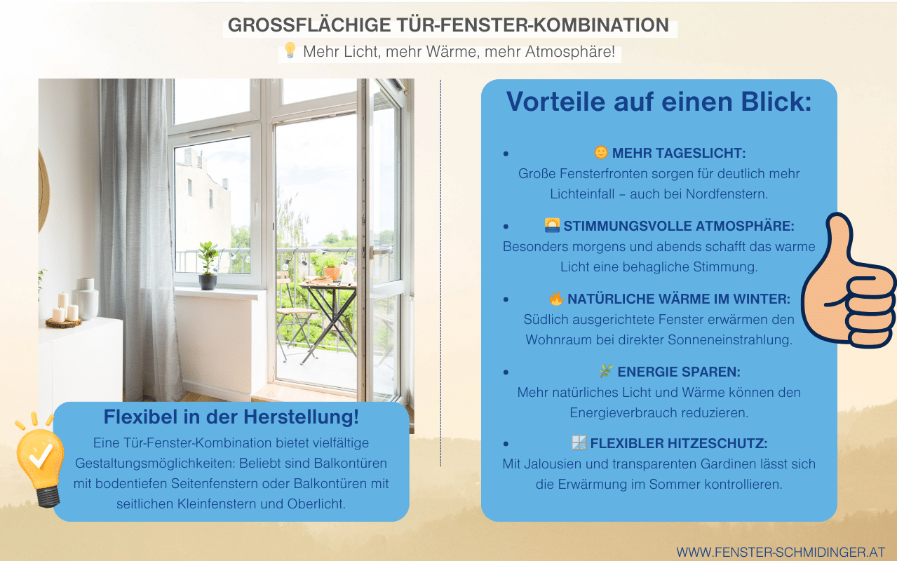 Großflächige Tür-Fenster-Kombination für mehr Licht, Wärme und behagliche Atmosphäre im Wohnraum.