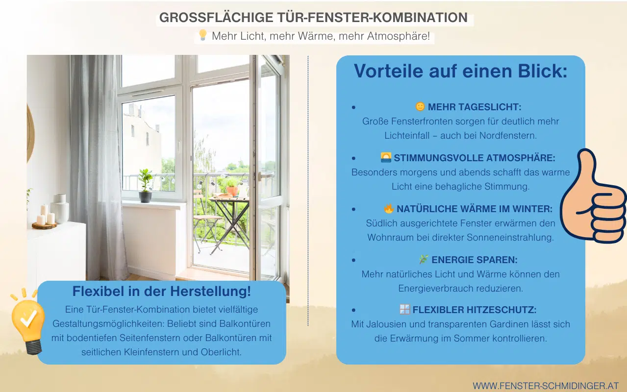 Großflächige Tür-Fenster-Kombination für mehr Licht, Wärme und behagliche Atmosphäre im Wohnraum.