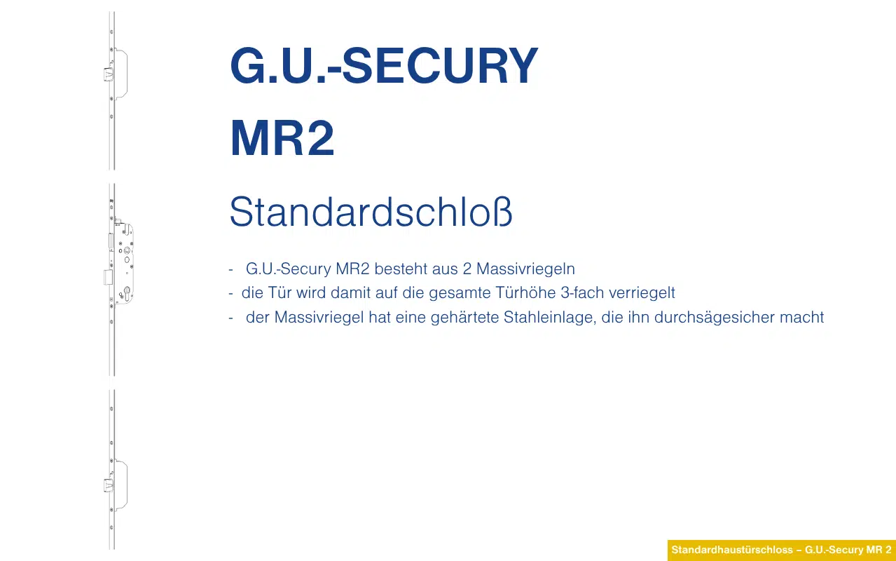 Die Grafik zeigt das G.U.-Secury MR2 Standardschloss für Aluminiumtüren. Es besteht aus zwei Massivriegeln, die die Tür über die gesamte Höhe dreifach verriegeln. Eine Stahleinlage schützt vor Aufsägen.