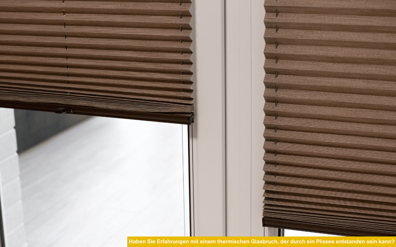 Haben Sie Erfahrungen mit einem thermischen Glasbruch, der durch ein Plissee entstanden sein kann? Fenster mit Innenplissee in Nahaufnahme
