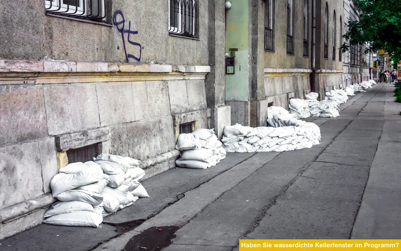 Haben Sie wasserdichte Kellerfenster im Programm? Gebäudefront mit Sandsäcken zum Schutz vor Hochwasser.