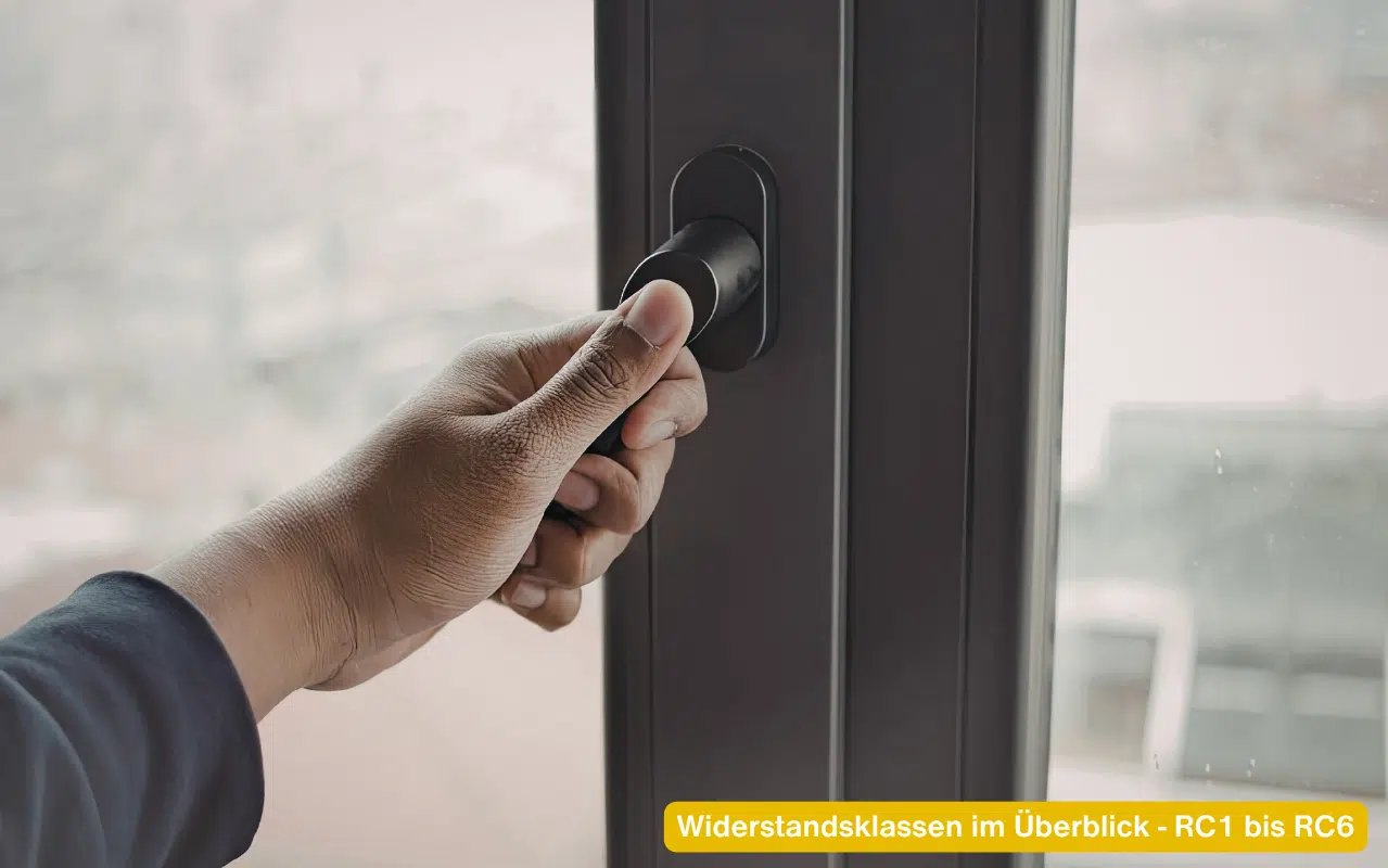 Hand betätigt schwarzen Fenstergriff. Widerstandsklassen im Überblick - RC1 bis RC6 für optimalen Einbruchschutz.