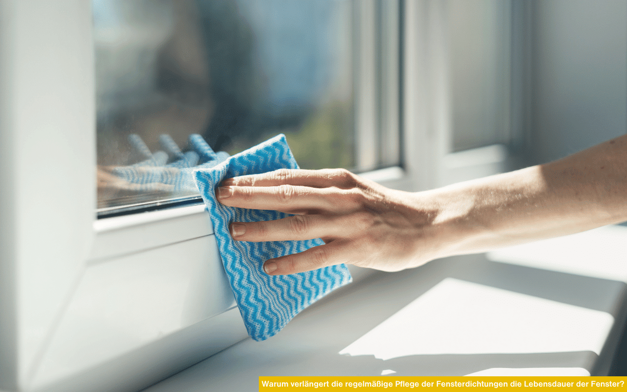 Hand wischt Fensterrahmen mit Tuch – Warum verlängert die regelmäßige Pflege der Fensterdichtungen die Lebensdauer der Fenster und schützt vor Abnutzung