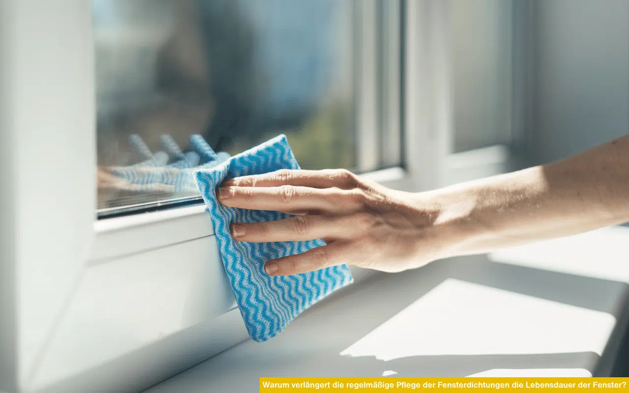 Hand wischt Fensterrahmen mit Tuch – Warum verlängert die regelmäßige Pflege der Fensterdichtungen die Lebensdauer der Fenster und schützt vor Abnutzung