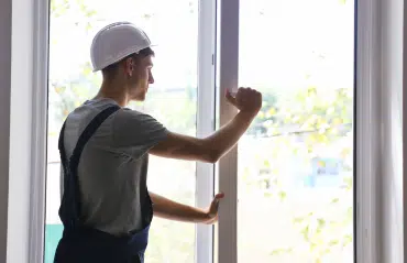Handwerker prüft Fenster. Fenster sanieren oder tauschen. Die Entscheidungshilfe für Oberösterreich.