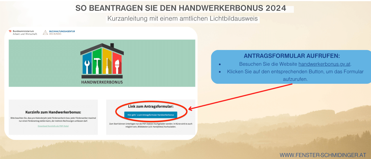 Button auf handwerkerbonus.gv.at anklicken, um das Antragsformular für den Handwerkerbonus aufzurufen.